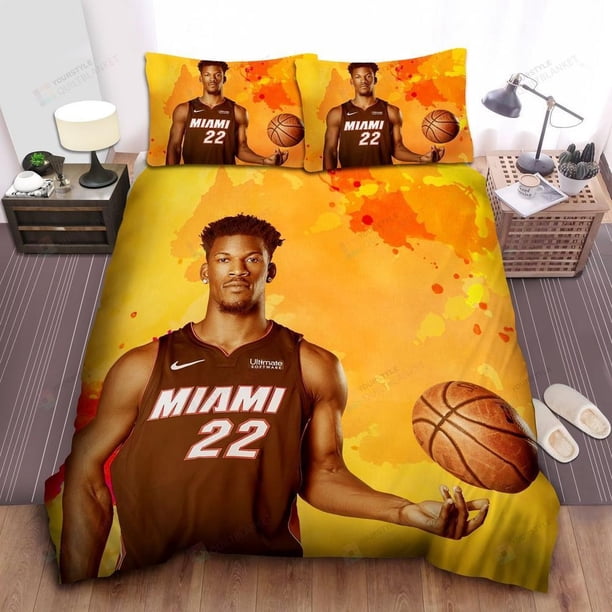Jimmy Butler In Miami Heat Uniform On Orange Theme Quilt Duvet Cover Set Soft3-Piece Bedding Set