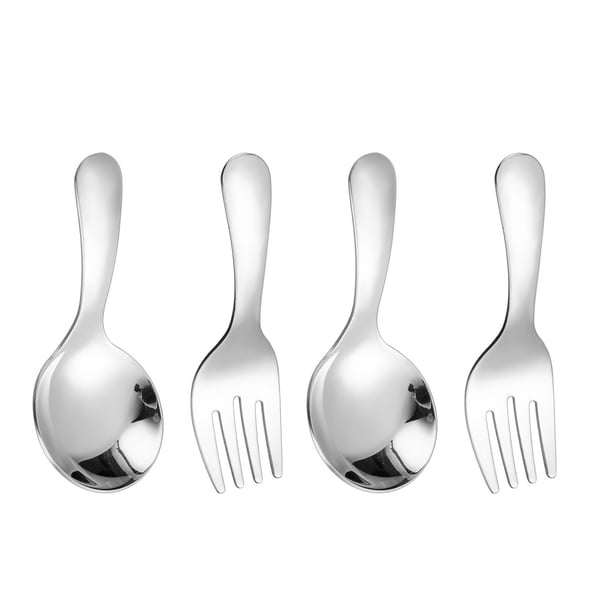 Cuchara de postre reutilizable de mango corto, tenedor, utensilios de cocina de acero inoxidable, cuchara pequeña para niños, 4 unidades