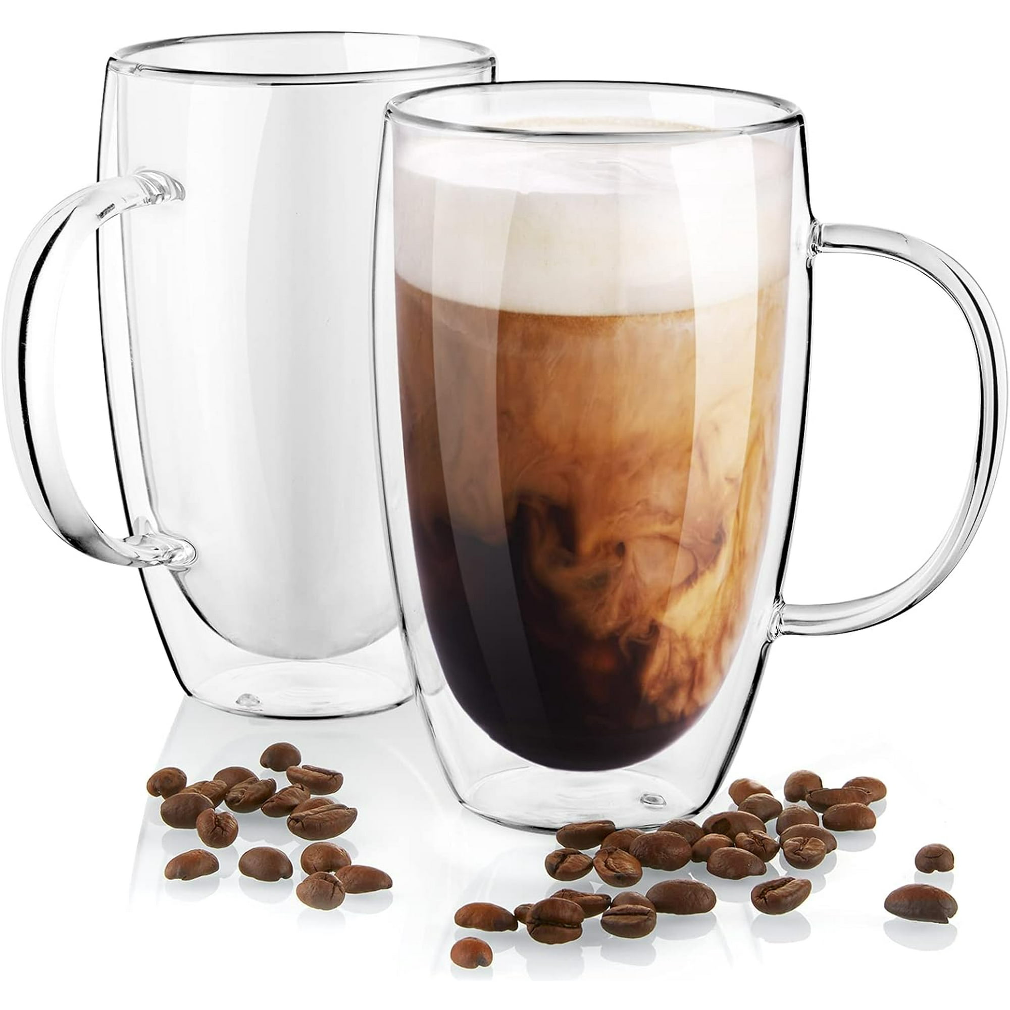 Wakeshome - Set De 2 Tazas De Café Mug Vidrio De Doble Pared De 16 Onzas Con Asa Meway