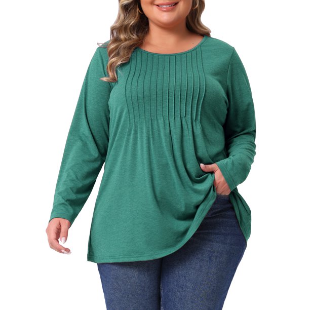 Agnes Orinda Conjuntos de Halloween para Mujeres Camiseta de Talla Grande Cuello Redondo Plisado de Manga Larga Blusa Suave Casual Túnica 3X Verde