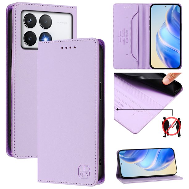 Funda Billetera con Soporte para Xiaomi Poco F6 Pro Bloqueo RFID Plegable Morado claro