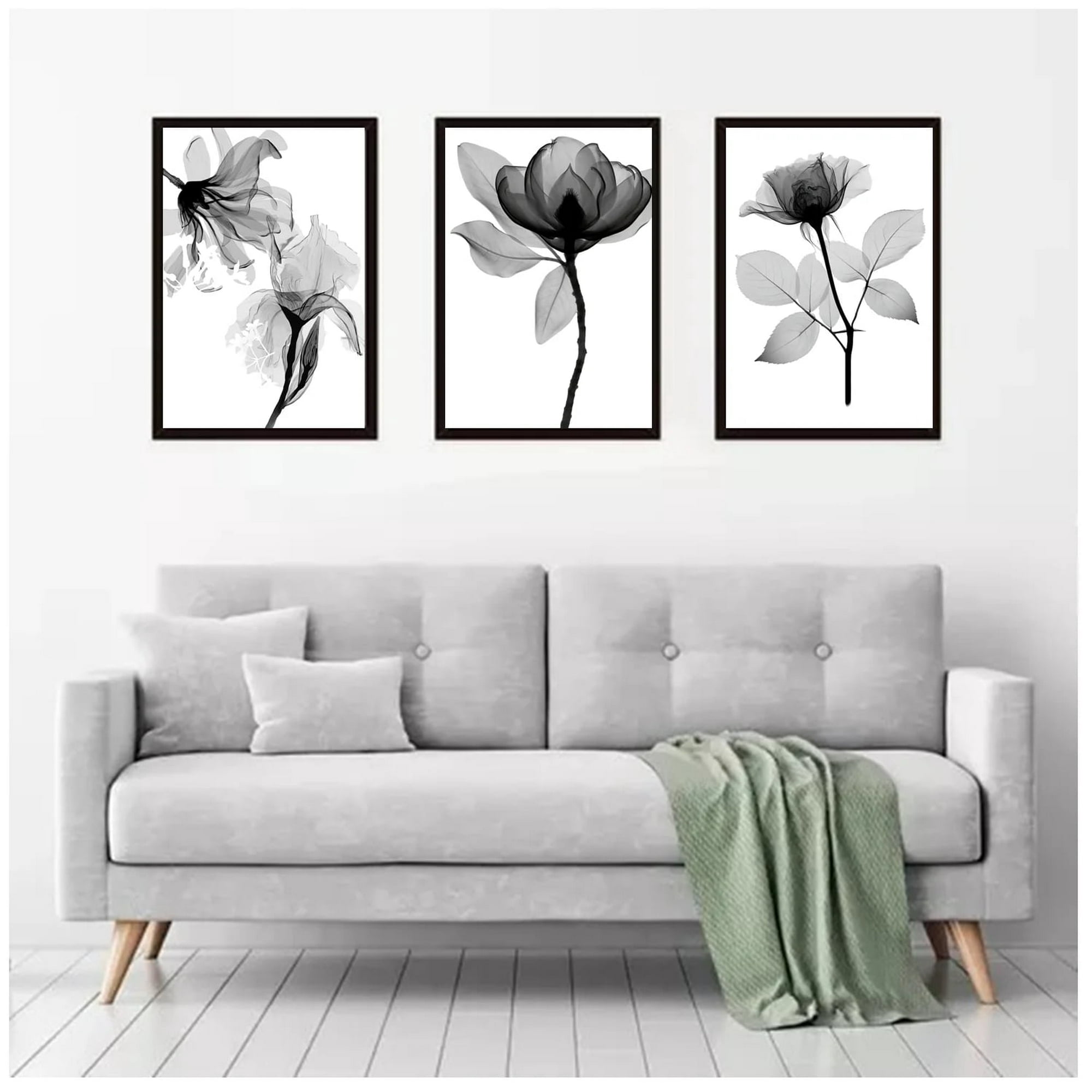 Genérico - Cuadros Decorativos Rosas Blanco Y Negro Pack X 3 Uds. 35x50 Cm C/u