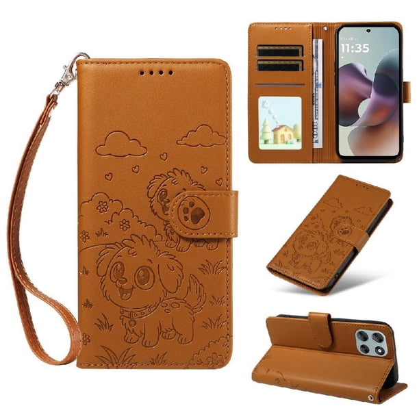 Funda Cartera para Motorola Moto G56 Perro Cachorro Grabado con Tarjetas Soporte Correa Marrón