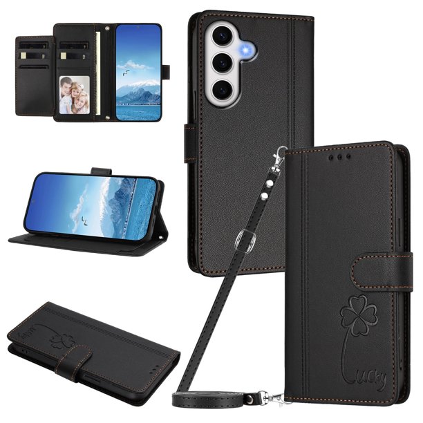 Funda Cartera Trébol para Samsung Galaxy S24 FE con Ranuras Tarjetas y Carga Inalámbrica Negro