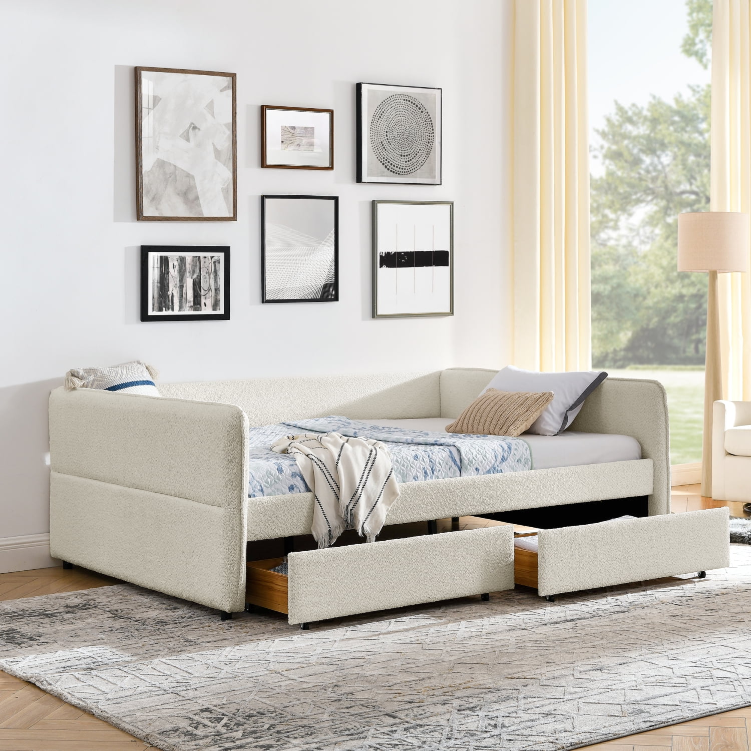 M&ms - Daybed With Trundle Upholstered Tufted Sofa Bed, With Two Drawers, Queen Size, Boucle Fabric, Beige(88"x65.5"x29.5")
