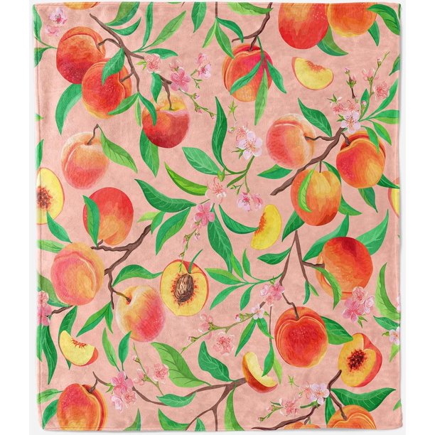 Peach Throw Blanket Soft Lightweight Plush Flannel Fleece Blanket with Tropical Fruit Leaves Print Pattern for Couch Sofa Bed Travel All Season Decor Blanket for Kids Adults Single