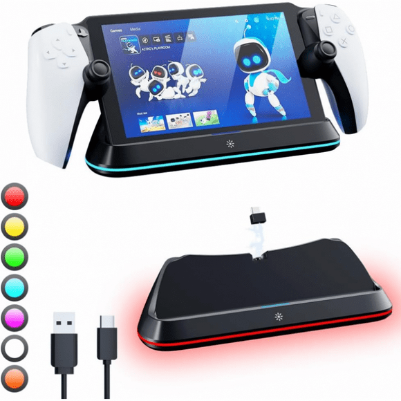 Soporte de carga para PlayStation Portal,PS Portal Stand con 7 modos de luz RGB, PS5 Portal Portable Charging Dock Station con conector magnético y cable de carga USB-C.-Negro
