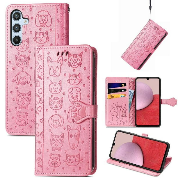 Funda Cartera FOXDOCK para Samsung Galaxy A14 , Flip PU con Relieve de Gatos y Perros, Tarjetero y Soporte