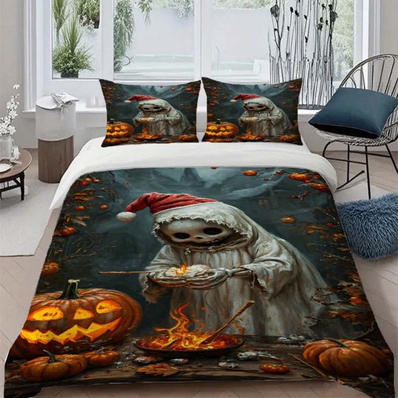 3pcs Halloween Skull Wizard and Grinning Pumpkin Mysterious Illustration Themed Bedding Set Duvet Cover & 2 pillowcases Multi color Print