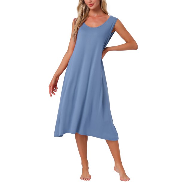 INSPIRE CHIC Vestido largo de dormir de algodón para mujer con bolsillos, suave, sin mangas, cuello redondo, ropa de descanso, L azul marino