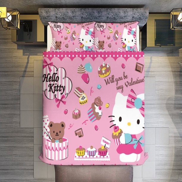 Hello Kitty Dessert Queue Bedding Set for Girls Kids Teen Tween Ultra Soft Microfiber Comforter Set Twin Size with 3-Pieces Comforters Bed Sets Bedroom Decor Bed Sheets