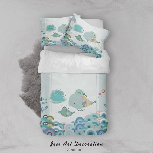 3D Cartoon Cute Animal Fish Wave Funda nórdica Juego de cama Set Funda nórdica
