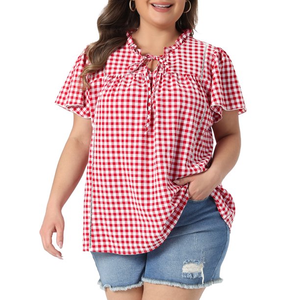 Agnes Orinda Blusa de Cuadros para Mujer de Talla Grande con Lazo Frontal, Volantes, Cuello en V, Manga Corta, Camisa de Verano Casual Elegante 2X Roja
