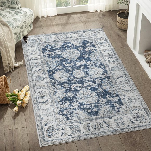 Alfombra Jinchan 91x152 cm Antideslizante de Pelo Bajo Vintage Floral Azul