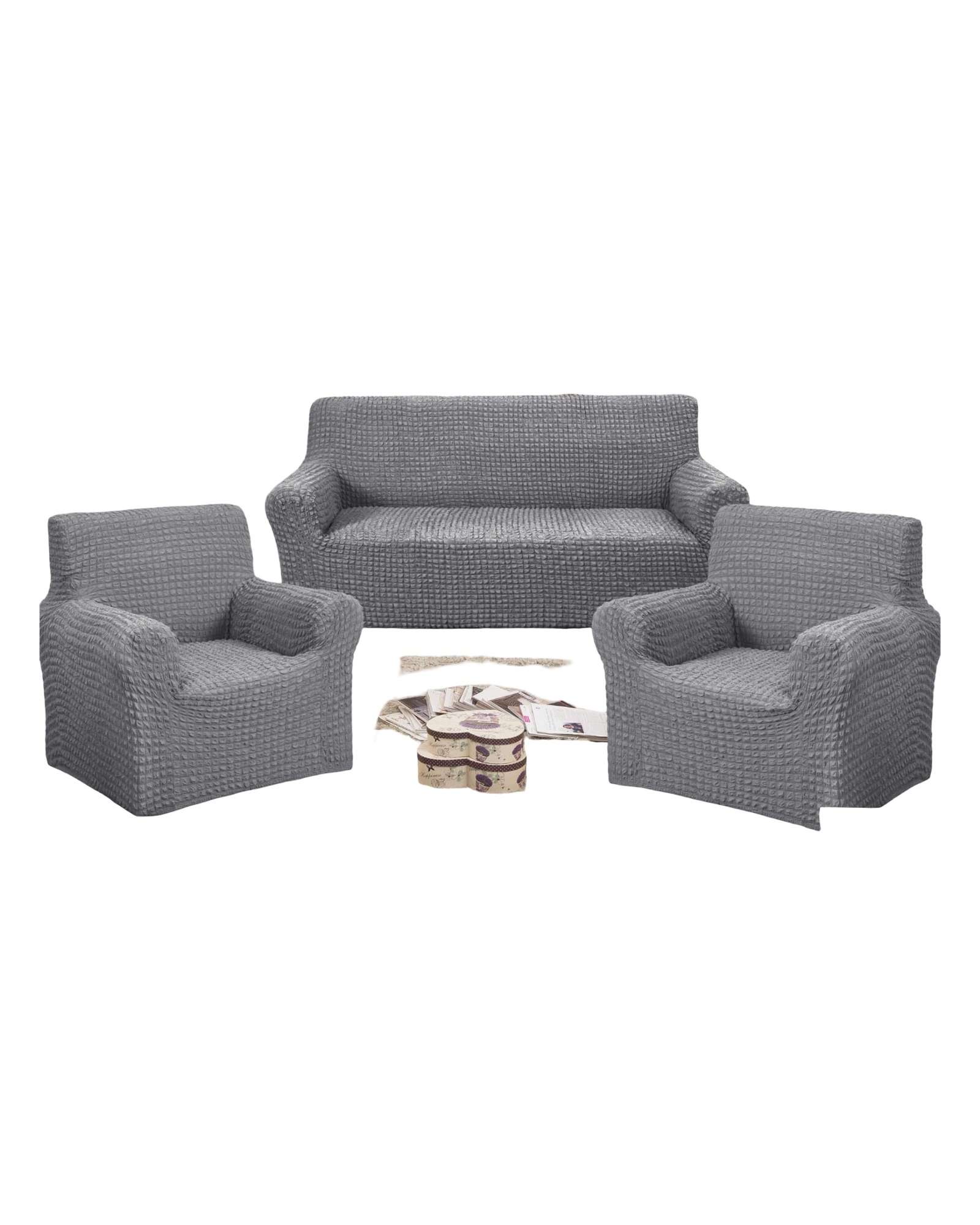 Genérico - Set De Fundas De Sofa 3+1+1 - Diseño Cuadrille Gris