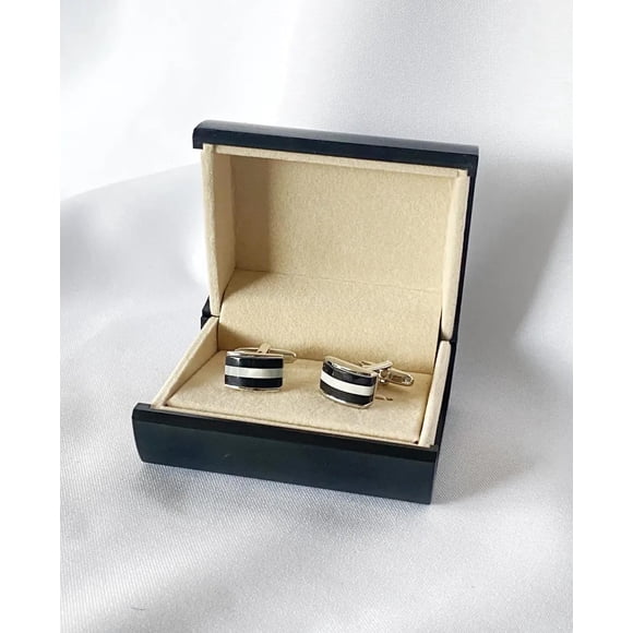 Colleras Gemelos Camisa Rectangulares Rayas Negro Plata Plateado