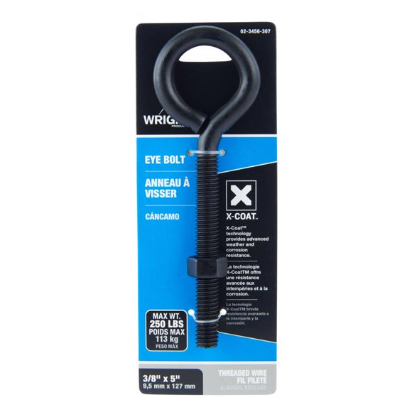 Eyebolt Wright, acero negro, 3/8 pulgadas x 5 pulgadas con tuerca, 250 libras