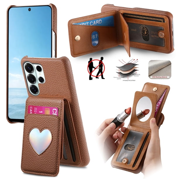 Funda FOXDOCK para Samsung Galaxy S26 Ultra con función billetera, soporte ajustable y diseño con espejo-marrón