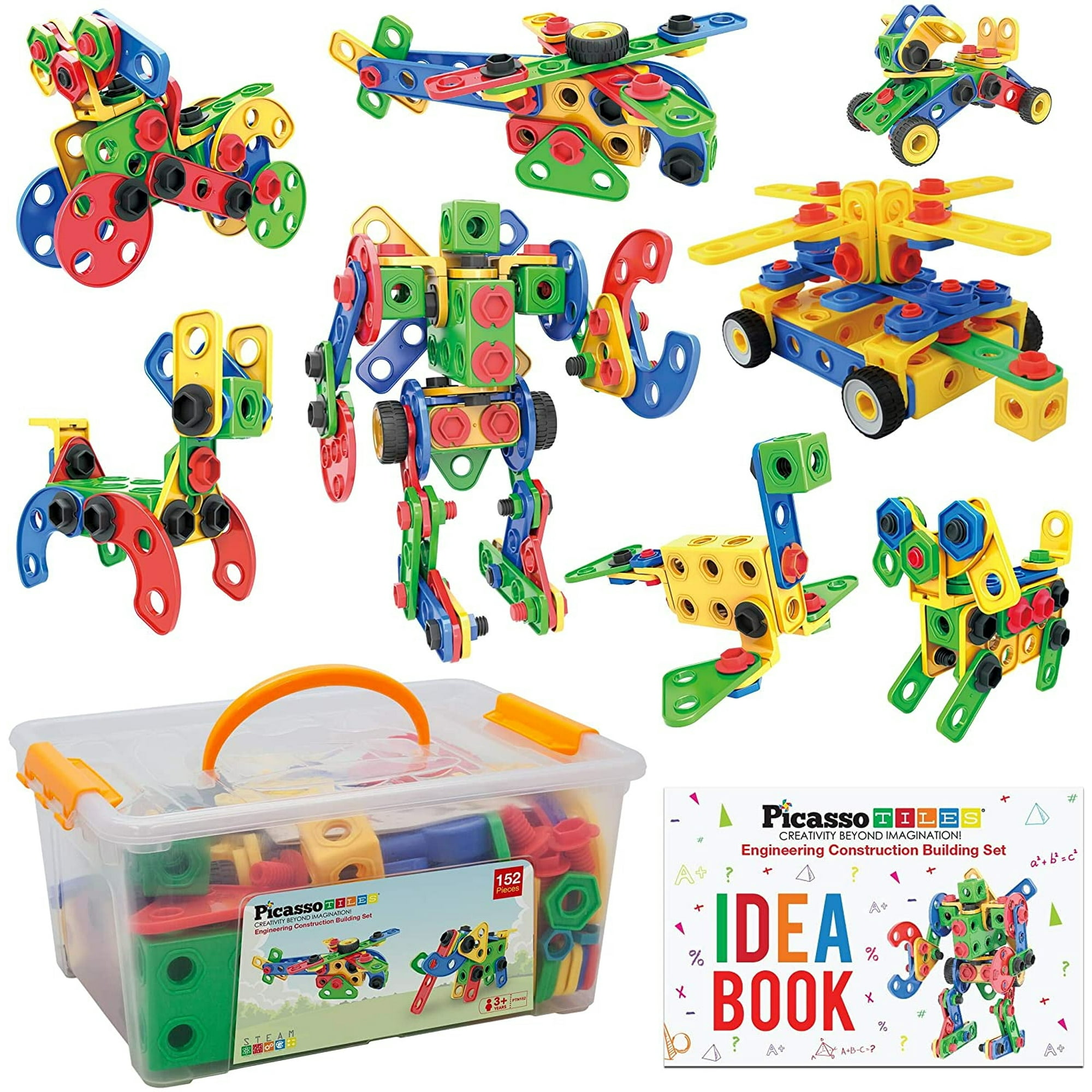 Picassotiles Stem Learning Toys 152 Piece Building Block Set Kid Toy Construction Engineering Kit Educational Blocks W / Idea Book Design Guide, Storage Carry Box, Power Drill, Ratchet, Age 3+ Ptn152