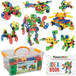 Picassotiles Stem Learning Toys 152 Piece Building Block Set Kid Toy Construction Engineering Kit Educational Blocks W / Idea Book Design Guide, Storage Carry Box, Power Drill, Ratchet, Age 3+ Ptn152