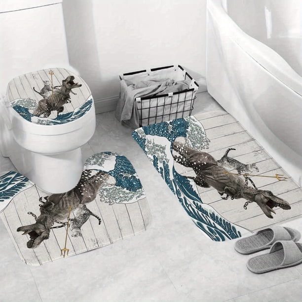1pcs/3pcs/4pcs Fun Cat Dinosaur Shower Curtain Set - Soft Fabric, Non-Slip Bath Mat, 12 Hooks, 71x71 In - Fun Home Bathroom Decor for Kids and Adults