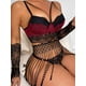 thumbnail image 3 of 5-piece Sexy Contrast Color Lace Hollow Sex Matching Lingerie Set, Breathable Jacquard Bra & Sheer String Bikini Panty & Tassel Skirt & Sleeves, Women's Sexy Lingerie & Underwear, 3 of 3