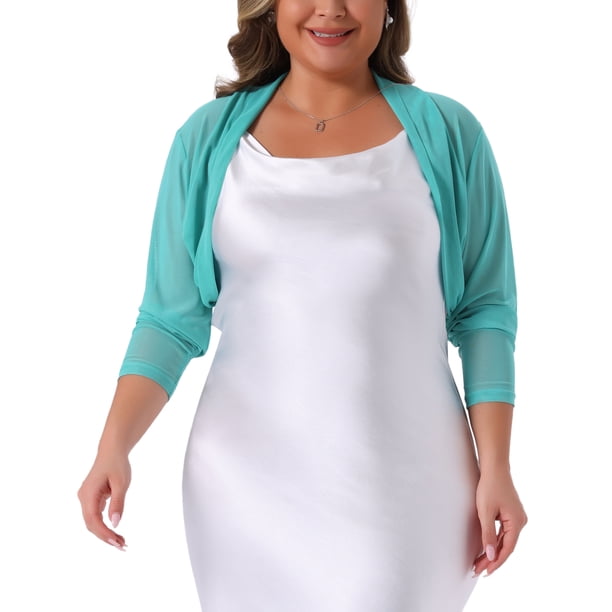 Agnes Orinda Women's Plus Size School College Manga Larga Abierta Frontal Transparente Malla Bolero Chaqueta Corta Cardigans 4X Cian