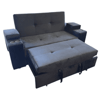 Camila Home - Sofá Cama 3 Cuerpos Felpa Negra 185 Cm Con Baúl Y Puffs