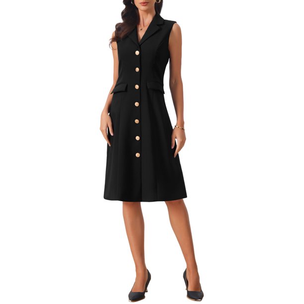 INSPIRE CHIC Vestido Blazer sin Mangas para Mujer con Cuello y Botones para Negocios, Vestido Línea A XL Negro