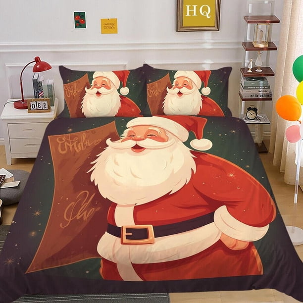 Cartoon Snow Christmas Tree Santa Claus Reindeer Quilt Duvet Cover Set3-Piece Bedding Set