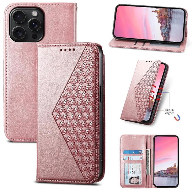 Funda Flip FOXDOCK para iPhone 15 Pro Max , Estilo Billetera con Diseño Rombo, Correa de Mano y Soporte, Uso Diario