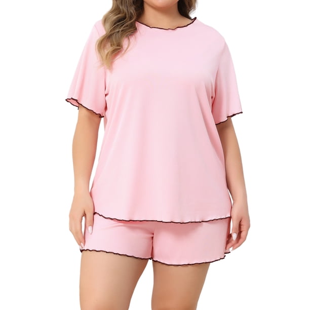 Agnes Orinda Mujeres Tallas Grandes 2 Piezas Ropa de Dormir Cuello Redondo Pijamas Tops y Shorts Conjunto Casual para Casa 1X Rosa