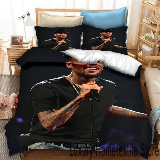 v177 Bed Sheets Rapper Chris Brown Bedding Set,Duvet Cover Bed Set Quilt Cover Pillowcase,King Queen Twin Size Boys Girls Adults 3-Piece Bedding Set (1 Duvet Cover + 2 Pillow Shams) Bed Sheets ju177