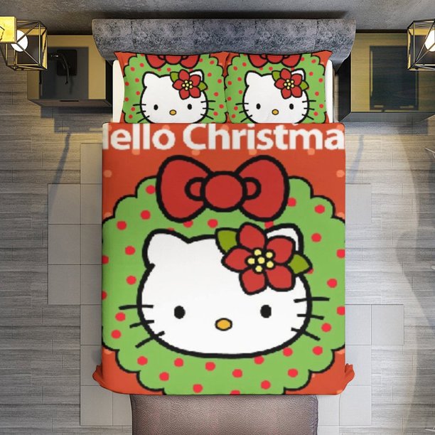 Merry Christmas Hello Kitty 3 Pieces Duvet Cover Set Full Size Super Soft Fade Resistant Microfiber