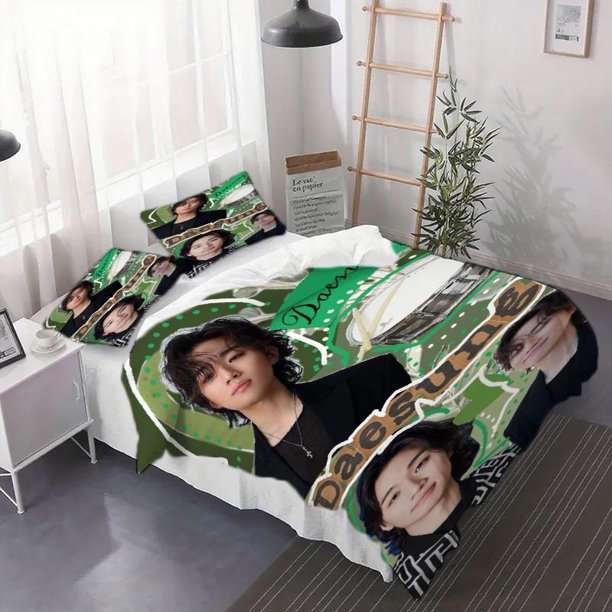 3pcs Bigbang Member Daesung Bedding Set - Official K-Pop Inspired Bedspread with Zipper Closure All-Season Comforter Set in Green Black