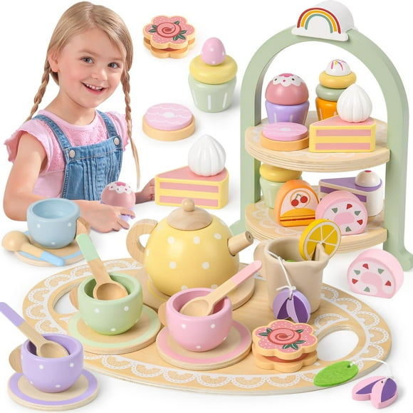 Set de Té Lonico Wooden con Soporte para Magdalenas Niñas 3 a 6 Años