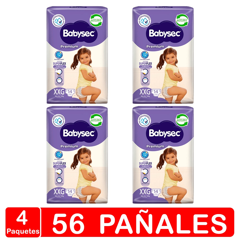 Pañales Babysec Premium Manga X4- Talla Xxg - 56 Pañales