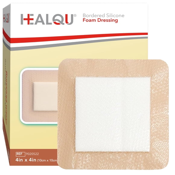 Aderezo de espuma de silicona Healqu de 5 x 5 cm con borde, caja de 10