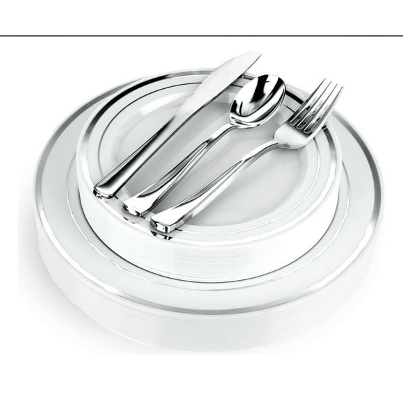Platos Desechables Elegantes Fiesta  Plateados 10 Personas 50 Pcs