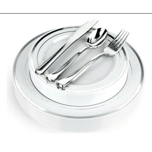 Badim - Platos Desechables Elegantes Fiesta Plateados 10 Personas 50 Pcs