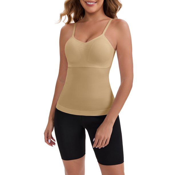 INSPIRE CHIC Camisola sin costuras para mujer con control de abdomen y sujetador incorporado, ajuste ceñido, camiseta moldeadora de cuerpo, talla L, beige