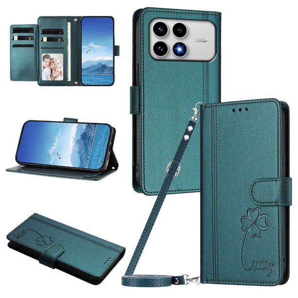 Funda Cartera Trébol para Xiaomi Poco F8 Pro con Ranuras Tarjetas y Carga Inalámbrica Verde oscuro
