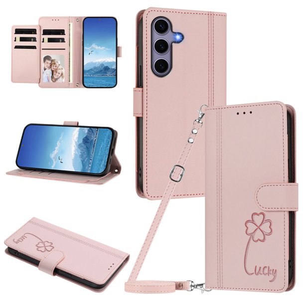 Funda Cartera Trébol para Samsung Galaxy S24 con Ranuras Tarjetas y Carga Inalámbrica Rosa