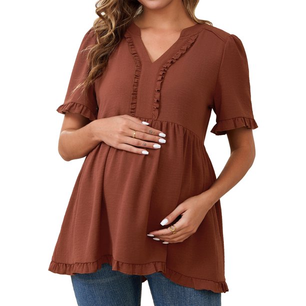 INSPIRE CHIC Blusas de Maternidad para Mujeres Boho con Volantes Cuello en V Mangas Cortas Camisas Sueltas y Fluidas Ropa Casual 2025 Marrón Mediano