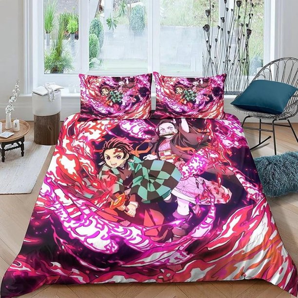 Cute Be-d Duv-et Cover D-emon A-nime Sla-yer Bedding -Sets 3D Print-ed Ligh-tweight 3 Piece Comfo-rter Sets 1 Duvet Cover -a-nd 2 Pillow S-hams for Kids Boys Girls Twin173x218cm