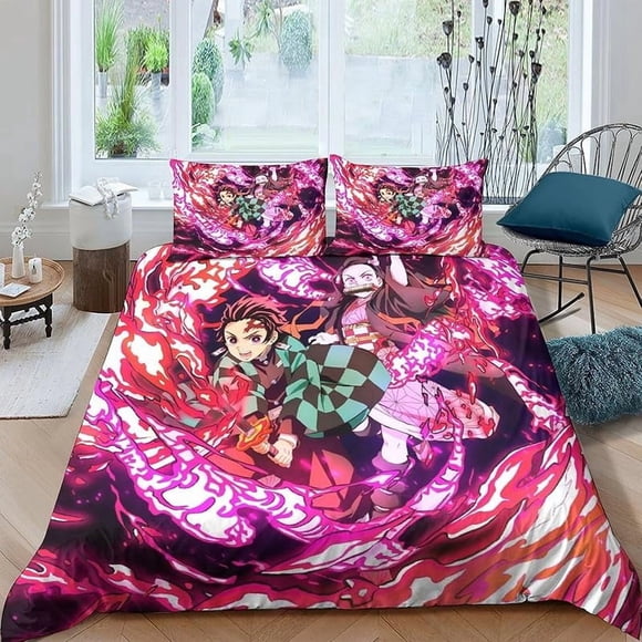 Cute Be-d Duv-et Cover D-emon A-nime Sla-yer Bedding -Sets 3D Print-ed Ligh-tweight 3 Piece Comfo-rter Sets 1 Duvet Cover -a-nd 2 Pillow S-hams for Kids Boys Girls Twin173x218cm