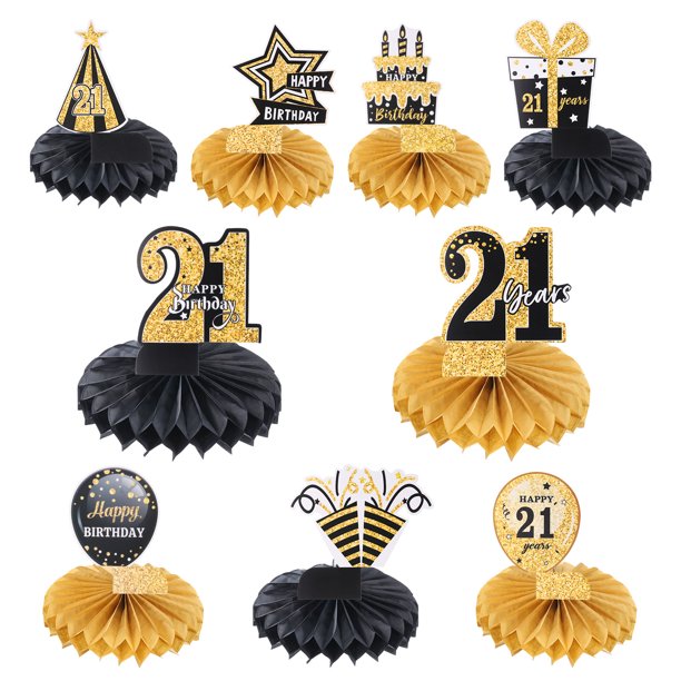 Decoraciones de centro de mesa para el 21º cumpleaños, suministros para decoración de fiesta de cumpleaños (tono negro + dorado)