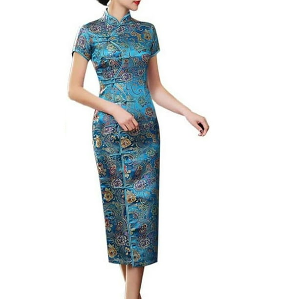 Vestido cheongsam de diez hebillas, desfile de ropa de verano, etiqueta larga, corte entallado