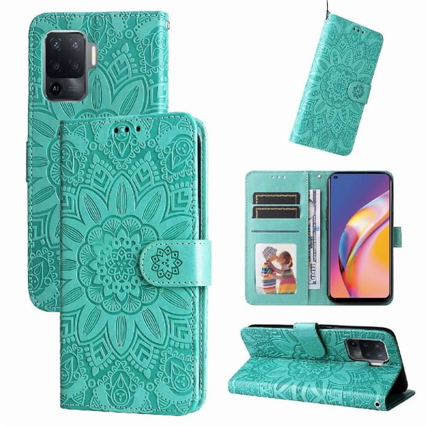 Funda tipo cartera FOXDOCK para OPPO A94 4G , diseño girasol en relieve, cuero PU, cierre magnético, soporte y tarjetero