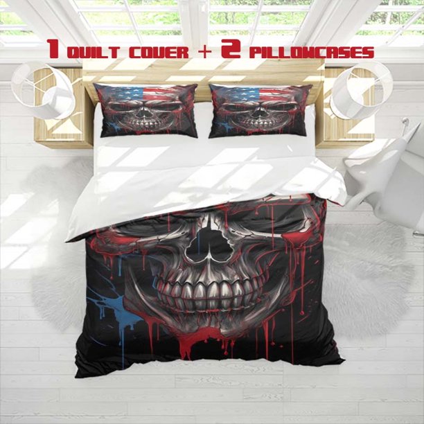 3pcs Skull USA Pattern Bedding Set Includes a Soft Duvet Cover and Two Pillowcases